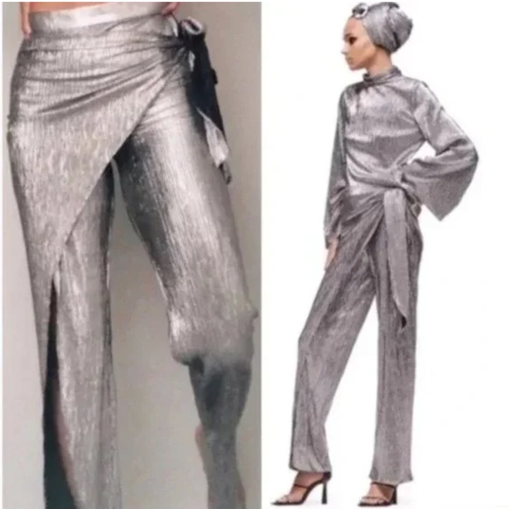 Zara Metallic Silver Wrap Pants - Picture 4 of 16